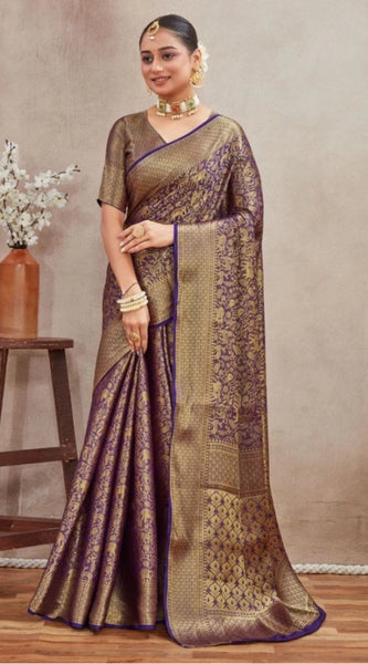 Mayawye Women's Silk Blend Floral Printed Saree With Unstitched Blouse 5.5Mtr (Navy Blue)