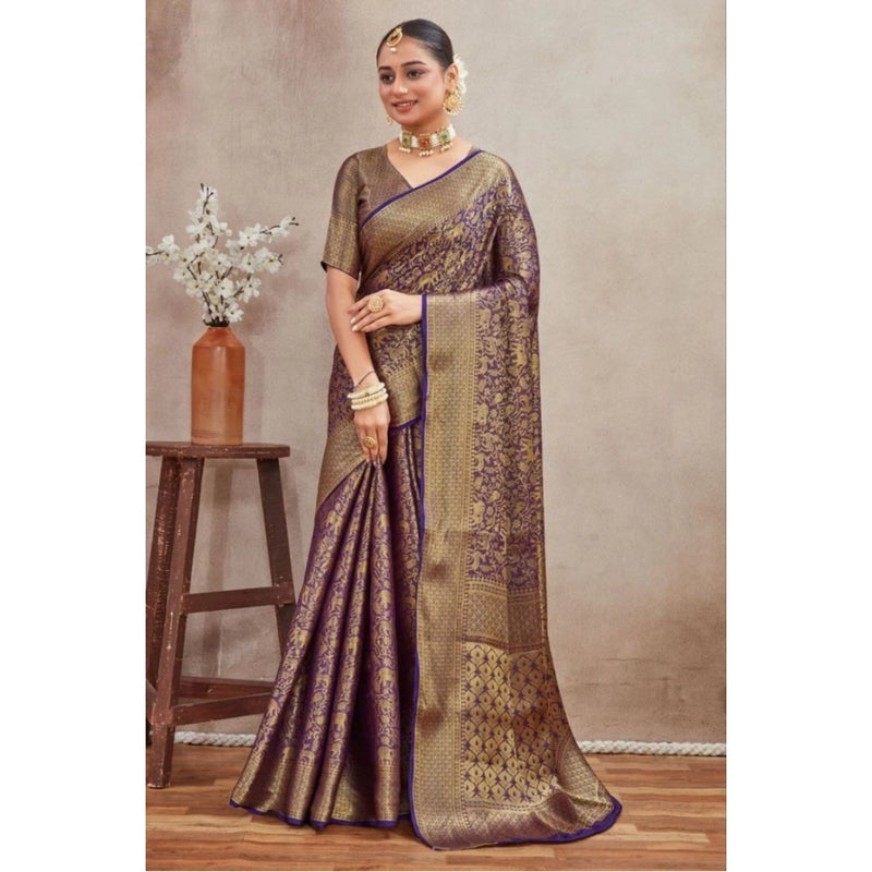 Mayawye Women's Silk Blend Floral Printed Saree With Unstitched Blouse 5.5Mtr (Navy Blue)
