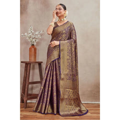 Mayawye Women's Silk Blend Floral Printed Saree With Unstitched Blouse 5.5Mtr (Navy Blue)