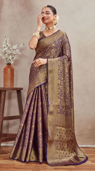 Mayawye Women's Silk Blend Floral Printed Saree With Unstitched Blouse 5.5Mtr (Navy Blue)