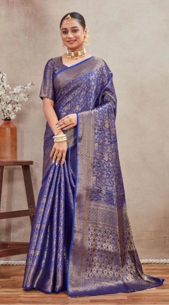 Mayawye Women's Silk Blend Floral Printed Saree With Unstitched Blouse 5.5Mtr (Royal Blue)