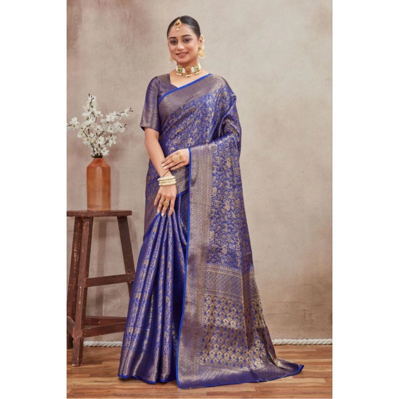 Mayawye Women's Silk Blend Floral Printed Saree With Unstitched Blouse 5.5Mtr (Royal Blue)