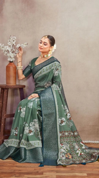 Mayawye Women's Crepe Silk Printed Saree With Unstitched Blouse 5.5Mtr (Green)