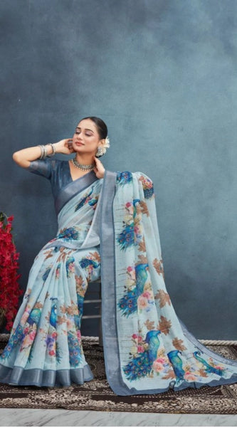 Mayawye Women's Linen Floral Printed Saree With Unstitched Blouse 5.5Mtr (Grey)
