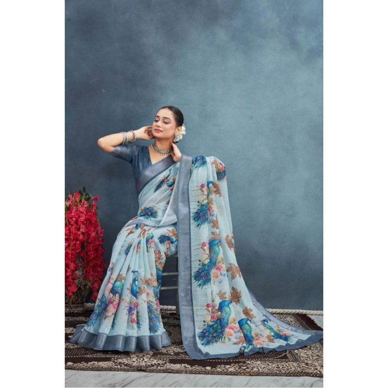 Mayawye Women's Linen Floral Printed Saree With Unstitched Blouse 5.5Mtr (Grey)