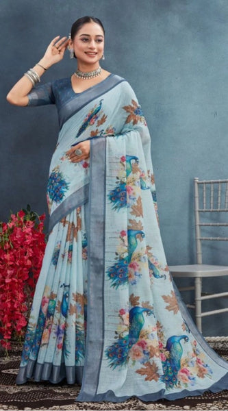 Mayawye Women's Linen Floral Printed Saree With Unstitched Blouse 5.5Mtr (Grey)