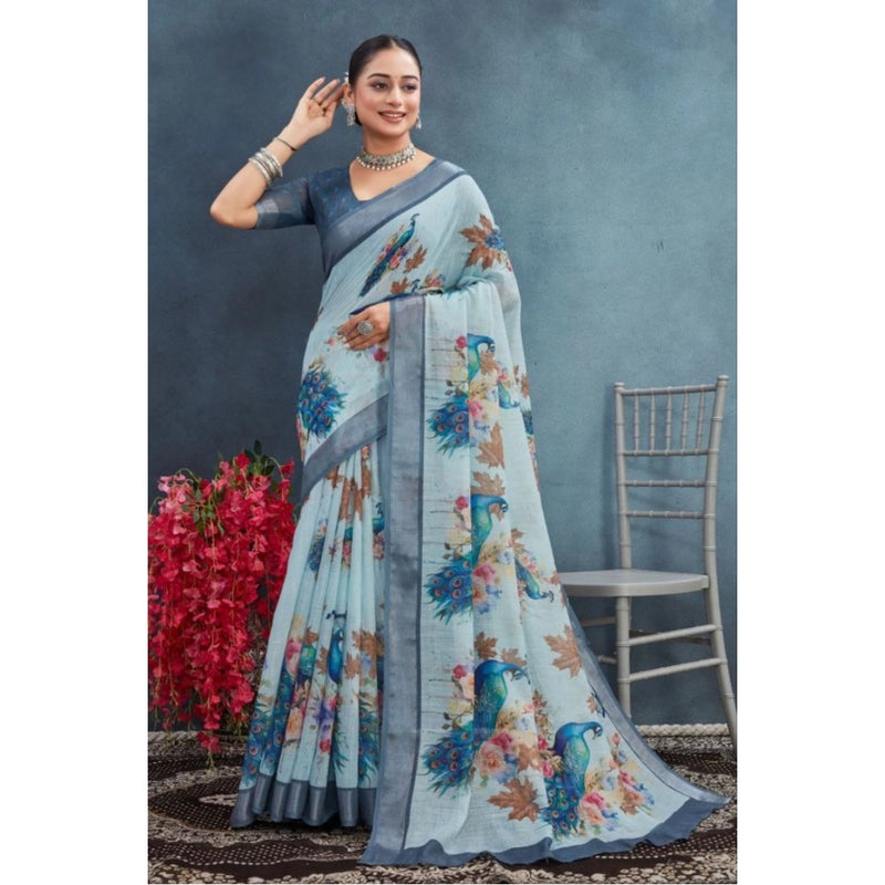 Mayawye Women's Linen Floral Printed Saree With Unstitched Blouse 5.5Mtr (Grey)