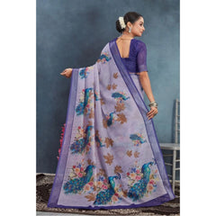 Mayawye Women's Linen Floral Printed Saree With Unstitched Blouse 5.5Mtr (Purple)