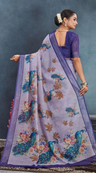 Mayawye Women's Linen Floral Printed Saree With Unstitched Blouse 5.5Mtr (Purple)