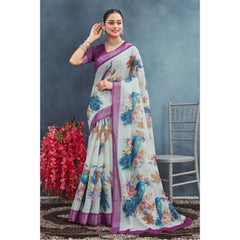 Mayawye Women's Linen Floral Printed Saree With Unstitched Blouse 5.5Mtr (Magenta)