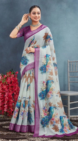 Mayawye Women's Linen Floral Printed Saree With Unstitched Blouse 5.5Mtr (Magenta)
