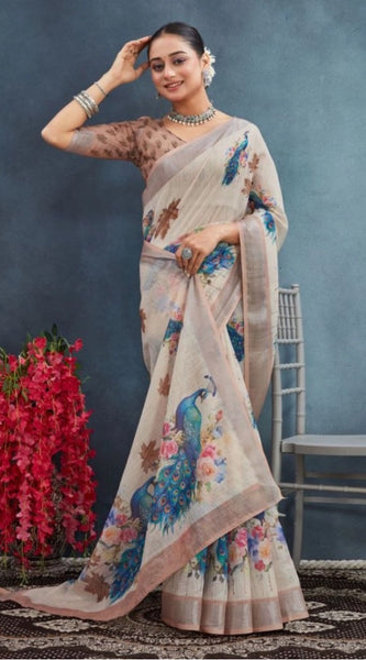 Mayawye Women's Linen Floral Printed Saree With Unstitched Blouse 5.5Mtr (Beige)
