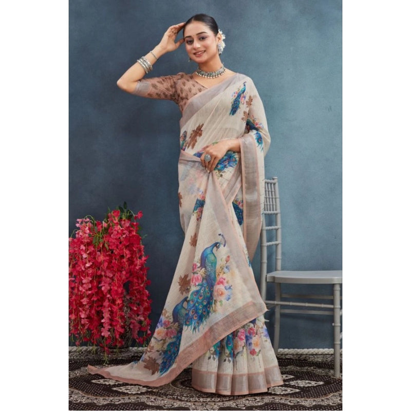 Mayawye Women's Linen Floral Printed Saree With Unstitched Blouse 5.5Mtr (Beige)