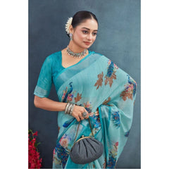 Mayawye Women's Linen Floral Printed Saree With Unstitched Blouse 5.5Mtr (Aqua)