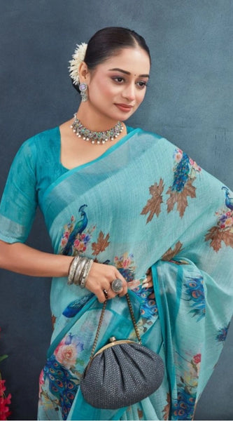 Mayawye Women's Linen Floral Printed Saree With Unstitched Blouse 5.5Mtr (Aqua)