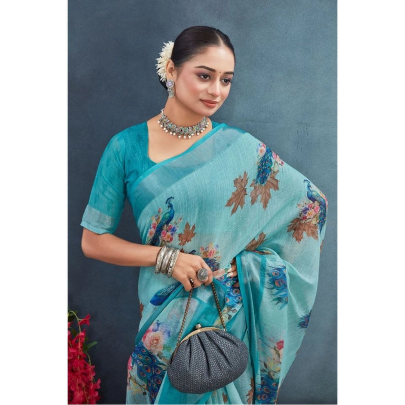 Mayawye Women's Linen Floral Printed Saree With Unstitched Blouse 5.5Mtr (Aqua)