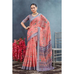 Mayawye Women's Linen Floral Printed Saree With Unstitched Blouse 5.5Mtr (Peach)