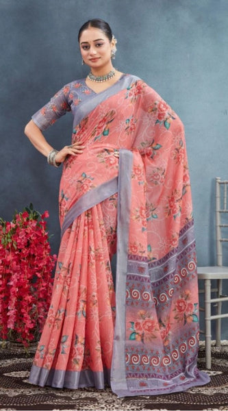 Mayawye Women's Linen Floral Printed Saree With Unstitched Blouse 5.5Mtr (Peach)