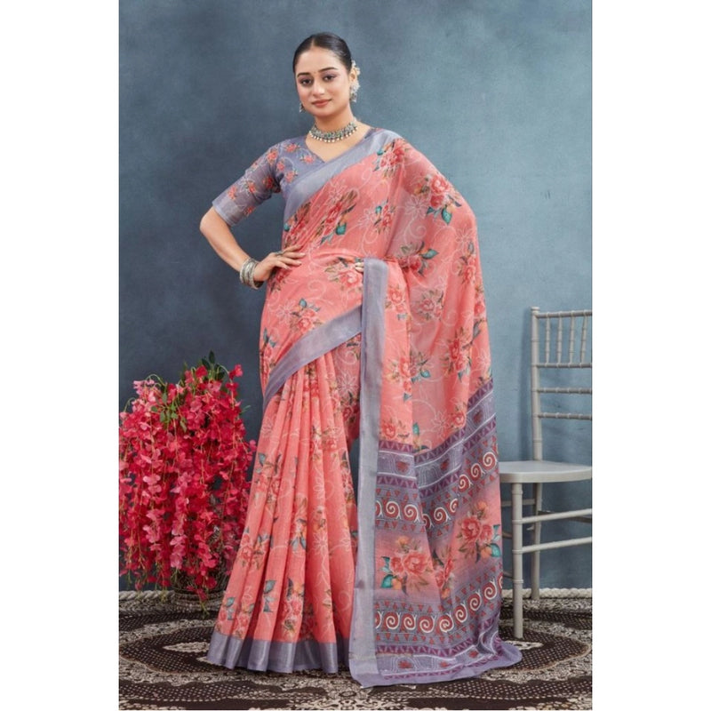 Mayawye Women's Linen Floral Printed Saree With Unstitched Blouse 5.5Mtr (Peach)