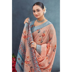 Mayawye Women's Linen Floral Printed Saree With Unstitched Blouse 5.5Mtr (Orange)