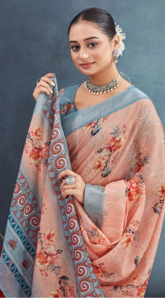 Mayawye Women's Linen Floral Printed Saree With Unstitched Blouse 5.5Mtr (Orange)