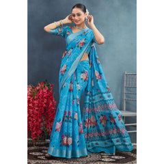 Mayawye Women's Linen Floral Printed Saree With Unstitched Blouse 5.5Mtr (Blue)