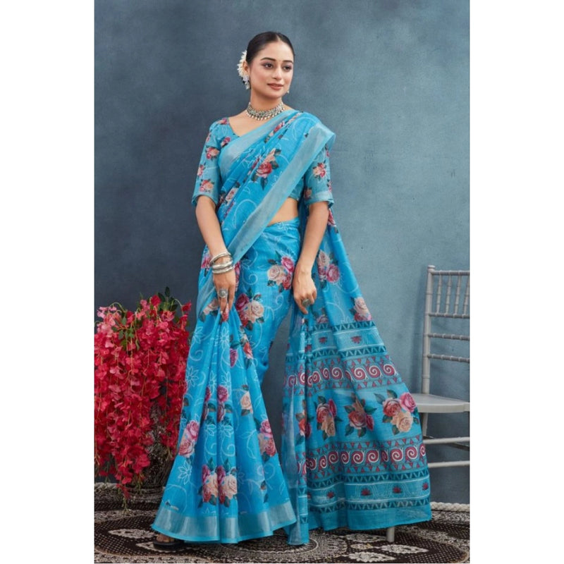 Mayawye Women's Linen Floral Printed Saree With Unstitched Blouse 5.5Mtr (Blue)