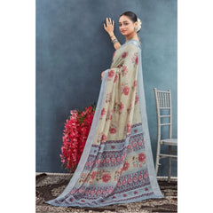 Mayawye Women's Linen Floral Printed Saree With Unstitched Blouse 5.5Mtr (Beige)