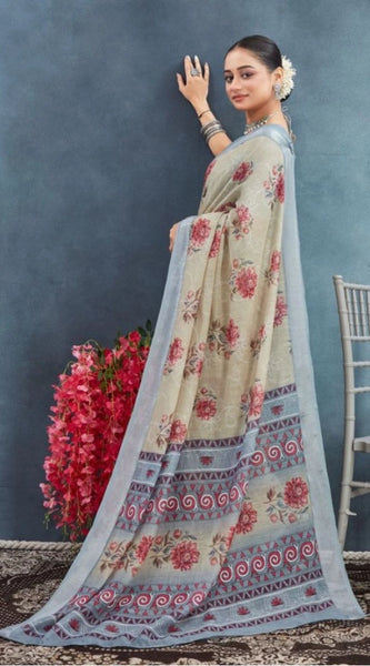 Mayawye Women's Linen Floral Printed Saree With Unstitched Blouse 5.5Mtr (Beige)