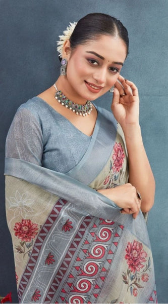 Mayawye Women's Linen Floral Printed Saree With Unstitched Blouse 5.5Mtr (Beige)