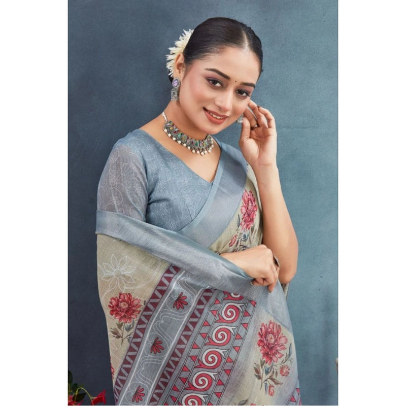 Mayawye Women's Linen Floral Printed Saree With Unstitched Blouse 5.5Mtr (Beige)