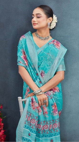 Mayawye Women's Linen Floral Printed Saree With Unstitched Blouse 5.5Mtr (Aqua)