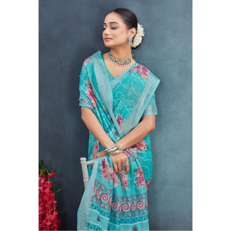 Mayawye Women's Linen Floral Printed Saree With Unstitched Blouse 5.5Mtr (Aqua)