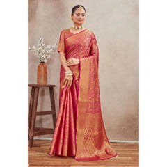Mayawye Women's Silk Blend Floral Printed Saree With Unstitched Blouse 5.5Mtr (Pink)