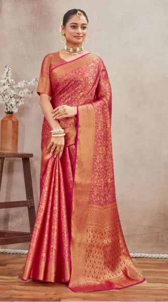 Mayawye Women's Silk Blend Floral Printed Saree With Unstitched Blouse 5.5Mtr (Pink)