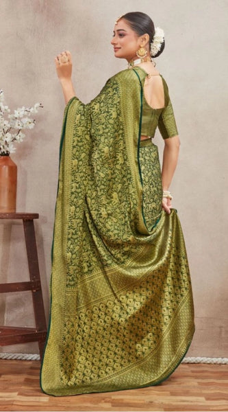 Mayawye Women's Silk Blend Floral Printed Saree With Unstitched Blouse 5.5Mtr (Green)