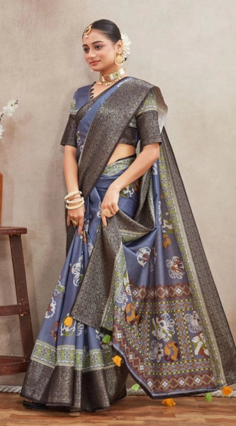 Mayawye Women's Crepe Silk Printed Saree With Unstitched Blouse 5.5Mtr (Grey)