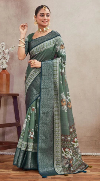 Mayawye Women's Crepe Silk Printed Saree With Unstitched Blouse 5.5Mtr (Green)