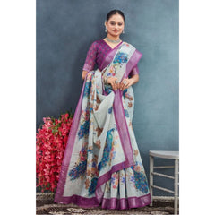 Mayawye Women's Linen Floral Printed Saree With Unstitched Blouse 5.5Mtr (Magenta)