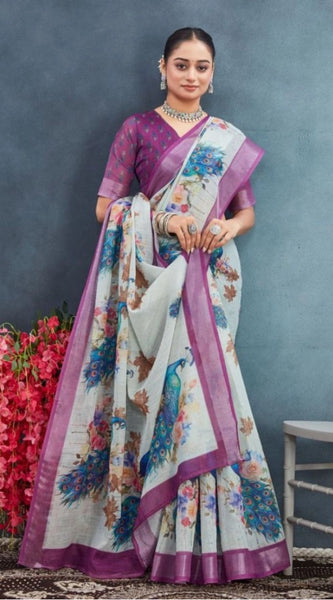 Mayawye Women's Linen Floral Printed Saree With Unstitched Blouse 5.5Mtr (Magenta)