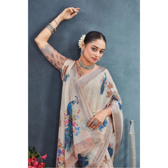 Mayawye Women's Linen Floral Printed Saree With Unstitched Blouse 5.5Mtr (Beige)
