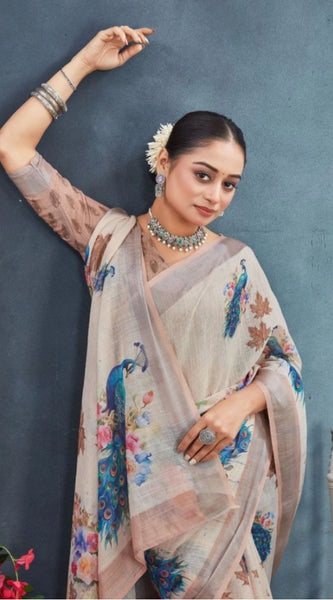 Mayawye Women's Linen Floral Printed Saree With Unstitched Blouse 5.5Mtr (Beige)