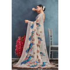 Mayawye Women's Linen Floral Printed Saree With Unstitched Blouse 5.5Mtr (Beige)