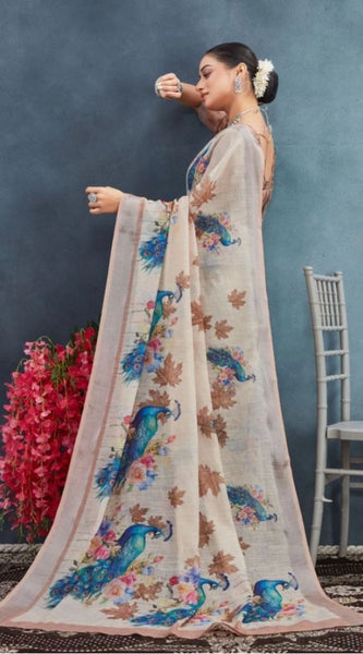 Mayawye Women's Linen Floral Printed Saree With Unstitched Blouse 5.5Mtr (Beige)