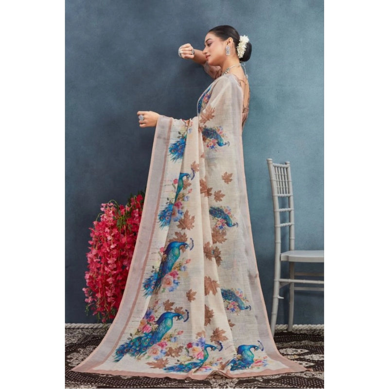 Mayawye Women's Linen Floral Printed Saree With Unstitched Blouse 5.5Mtr (Beige)
