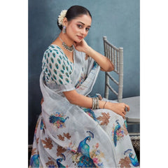 Mayawye Women's Linen Floral Printed Saree With Unstitched Blouse 5.5Mtr (Off-White)