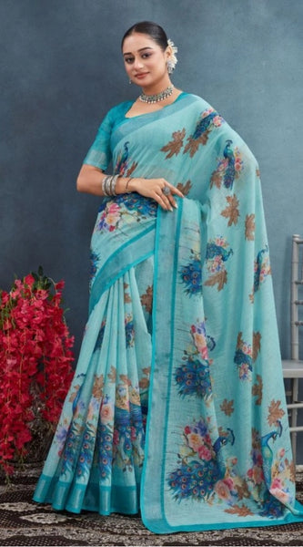 Mayawye Women's Linen Floral Printed Saree With Unstitched Blouse 5.5Mtr (Aqua)