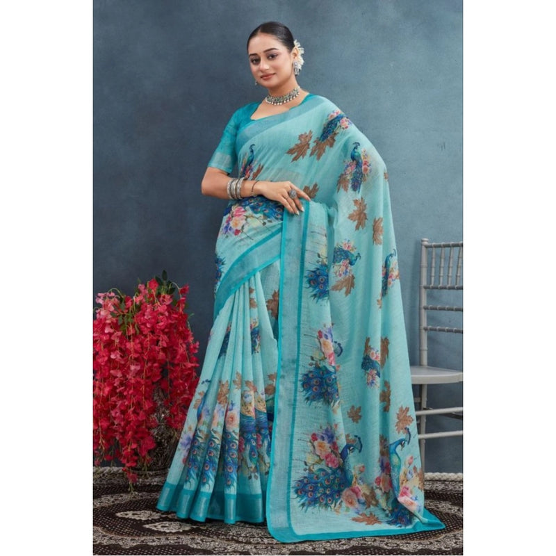 Mayawye Women's Linen Floral Printed Saree With Unstitched Blouse 5.5Mtr (Aqua)