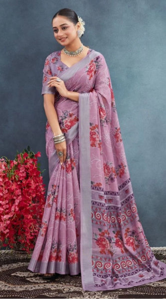 Mayawye Women's Linen Floral Printed Saree With Unstitched Blouse 5.5Mtr (Purple)