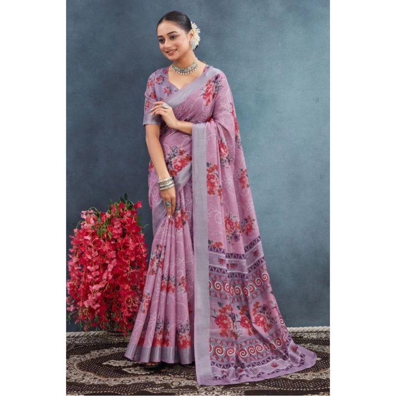 Mayawye Women's Linen Floral Printed Saree With Unstitched Blouse 5.5Mtr (Purple)